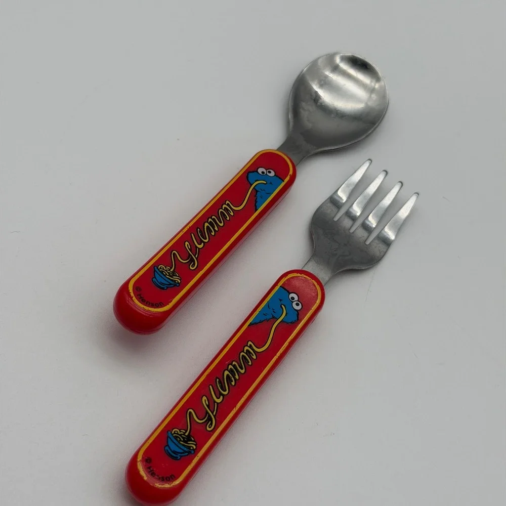 Vintage Sesame Street Cookie Monster Toddler Fork Spoon Set The First Years Red